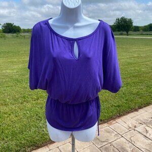 Trina Turk purple; peplum top, side elastic tie, cap sleeve; Size Small